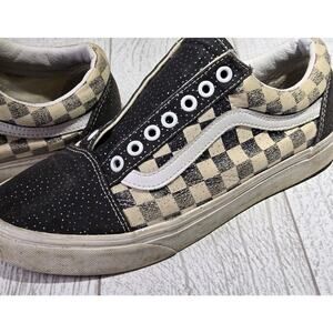 Vans Checkered Low Lace Up Black White Skate Sneaker With Glitter W 9.5 Grunge